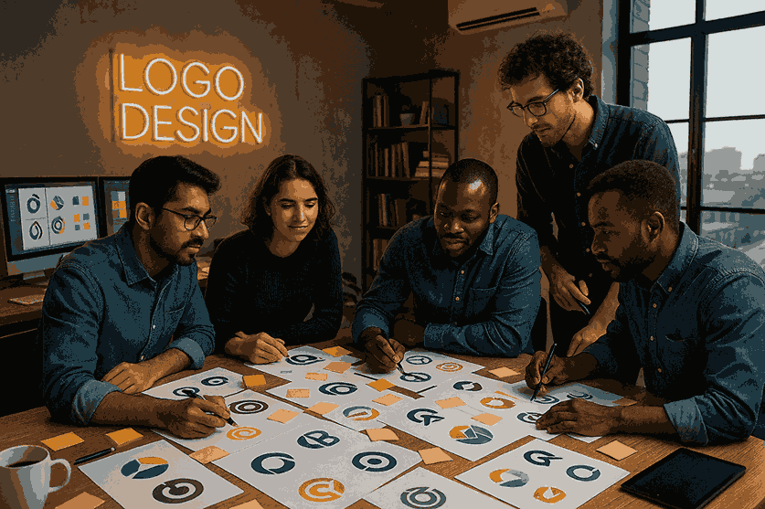 A group of professional logo designers collaborating at a creative workspace with logo sketches, monitors displaying design software, sticky notes, and a neon “LOGO DESIGN” sign in the background.