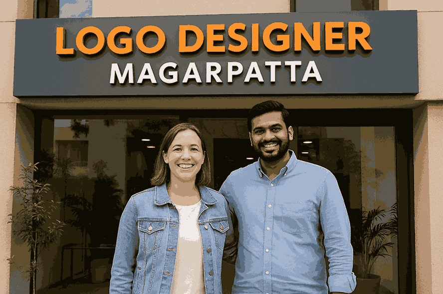 Happy customer with logo designer outside Logo Designer Magarpatta studio