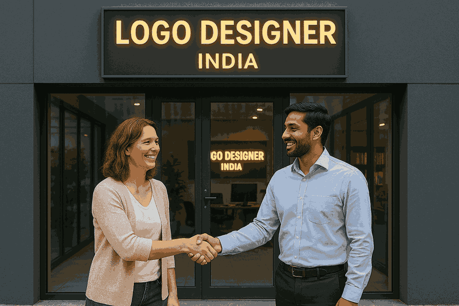A happy customer shaking hands with a professional logo designer in Wadgaon Sheri outside the Logo Designer India office building, symbolizing client satisfaction and trust.