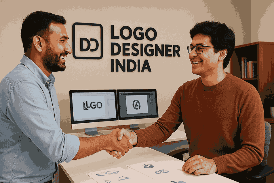 A happy customer shaking hands with a designer inside the Logo Designer India office, with computer screens and branding visible in the background.
