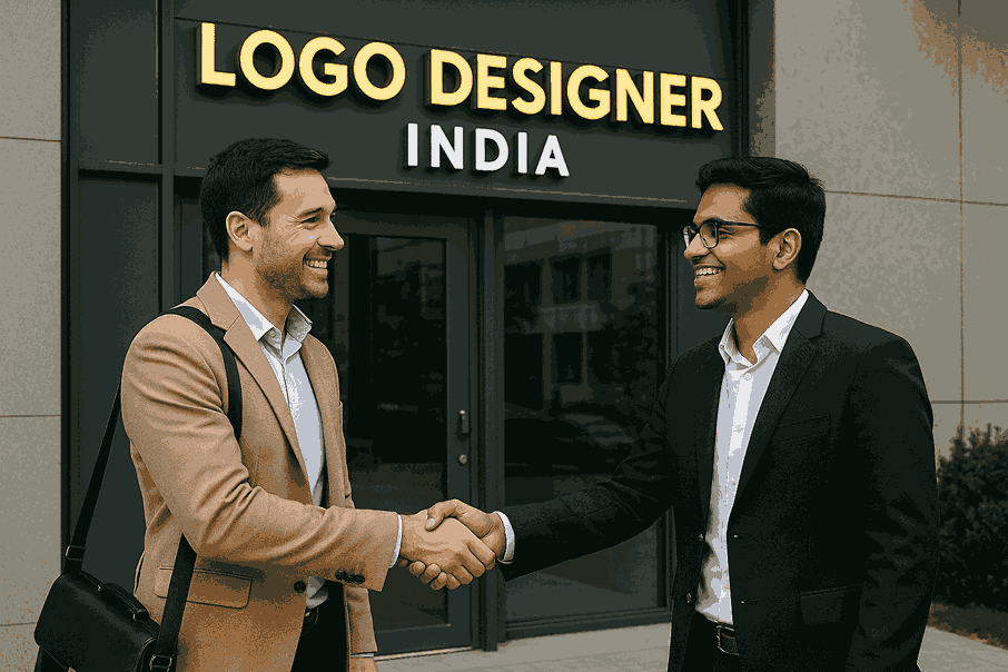 A happy customer shaking hands with a professional logo designer outside the Logo Designer India building.