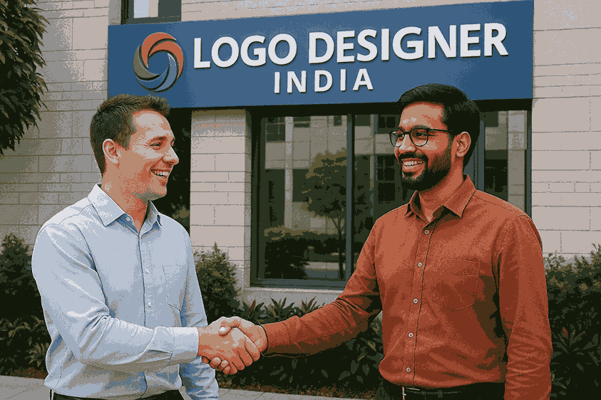 A happy customer shaking hands with the owner in front of the Logo Designer India office building, symbolizing successful logo design service and customer satisfaction.