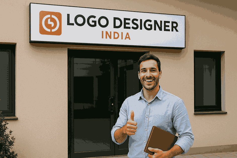 A happy customer outside Logo Designer India building giving a thumbs-up after receiving a professional logo design service in Pune.
