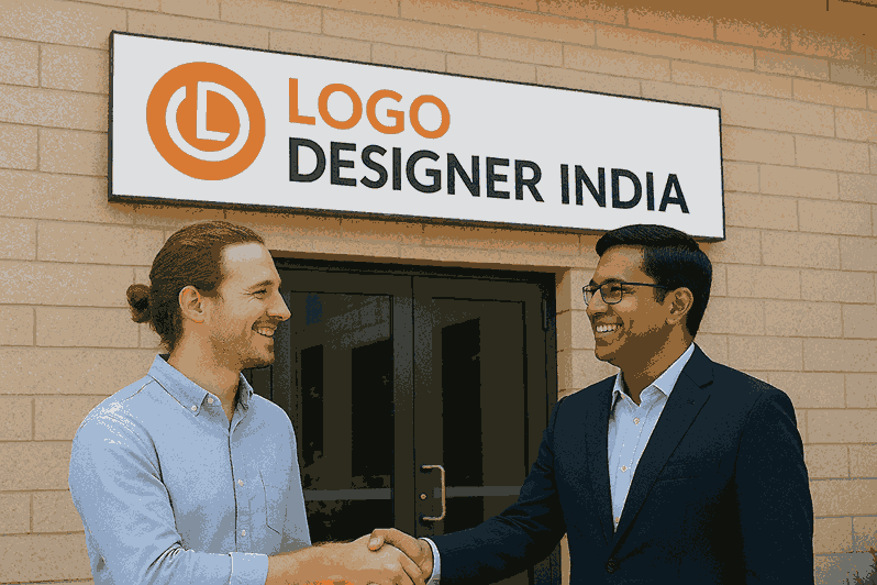 A happy customer shaking hands with the business owner outside the Logo Designer India building, symbolizing client satisfaction and professional logo design services in Pune.