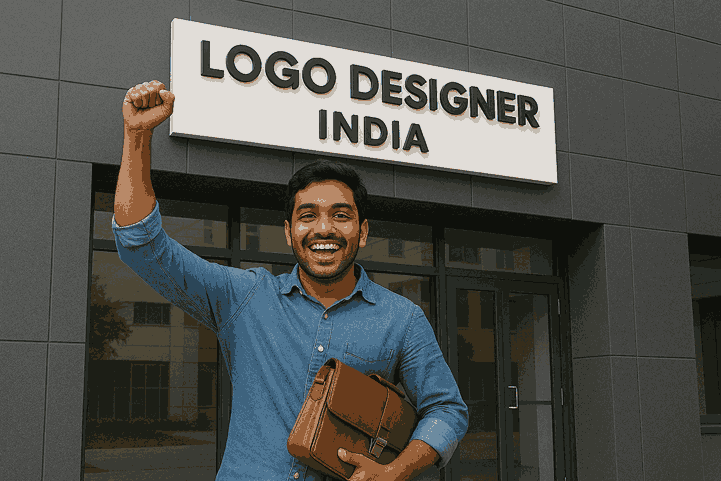 A happy Indian customer standing outside the Logo Designer India office building, smiling confidently while holding a brown leather bag and raising his fist in celebration.
