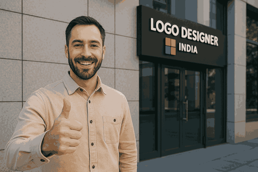 Happy customer smiling and giving thumbs up outside the Logo Designer India office building, representing client satisfaction and professional logo design services.