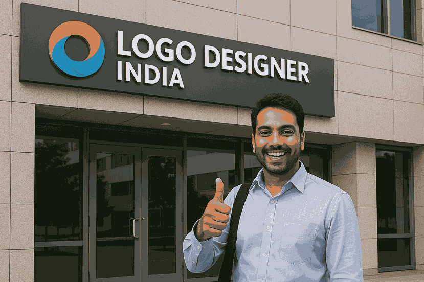 A happy customer giving a thumbs-up outside the Logo Designer India office building, representing satisfaction and trust in professional logo design services.