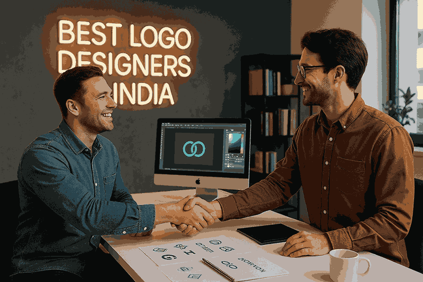 Happy customer shaking hands with a designer inside the Best Logo Designers in India office, with a neon branding sign and logo concepts on the desk.