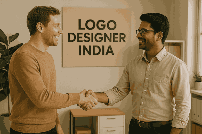 A happy customer shaking hands with a designer inside the modern “Logo Designer India” office, celebrating successful logo design delivery.
