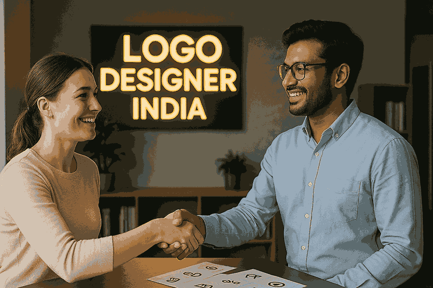 "Happy customer shaking hands with a designer inside the Logo Designer India office after completing a successful branding project."