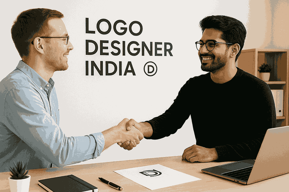 A happy customer shaking hands with a designer inside the “Logo Designer India” office.