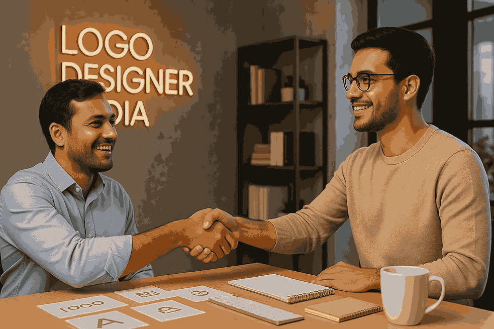 A happy customer shaking hands with a designer inside the LOGO DESIGNER INDIA office with neon signage in the background.