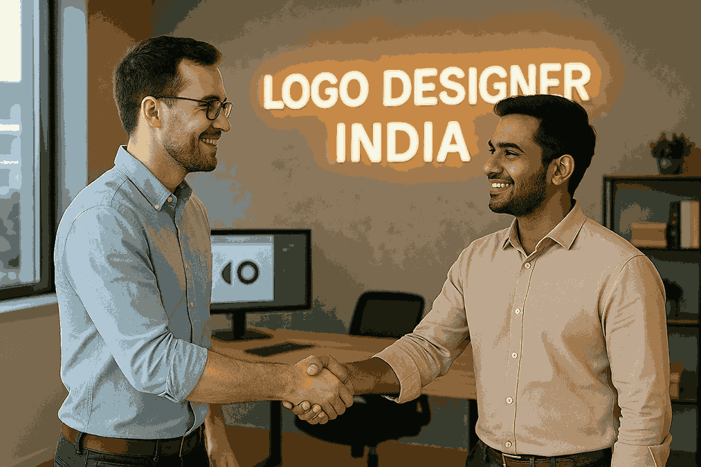 A happy customer shaking hands with a designer inside the Logo Designer India office, symbolizing trust and successful branding collaboration.