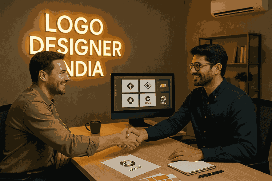 A happy customer shaking hands with a designer inside the modern “Logo Designer India” office, with logo concepts displayed on a monitor and warm studio lighting.