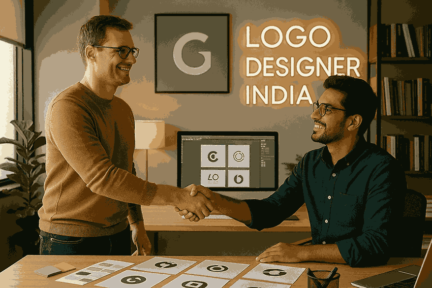 A happy customer shaking hands with a designer inside the Logo Designer India office, with branding designs displayed on the desk and a neon company sign in the background.