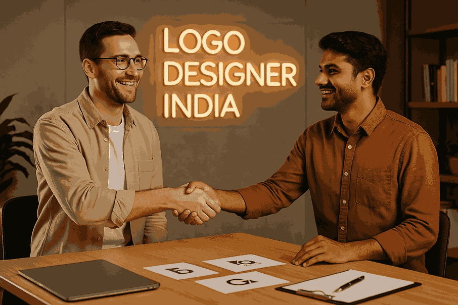 A happy customer shaking hands with a logo designer inside the Logo Designer India office, with a neon sign in the background and logo samples on the desk.