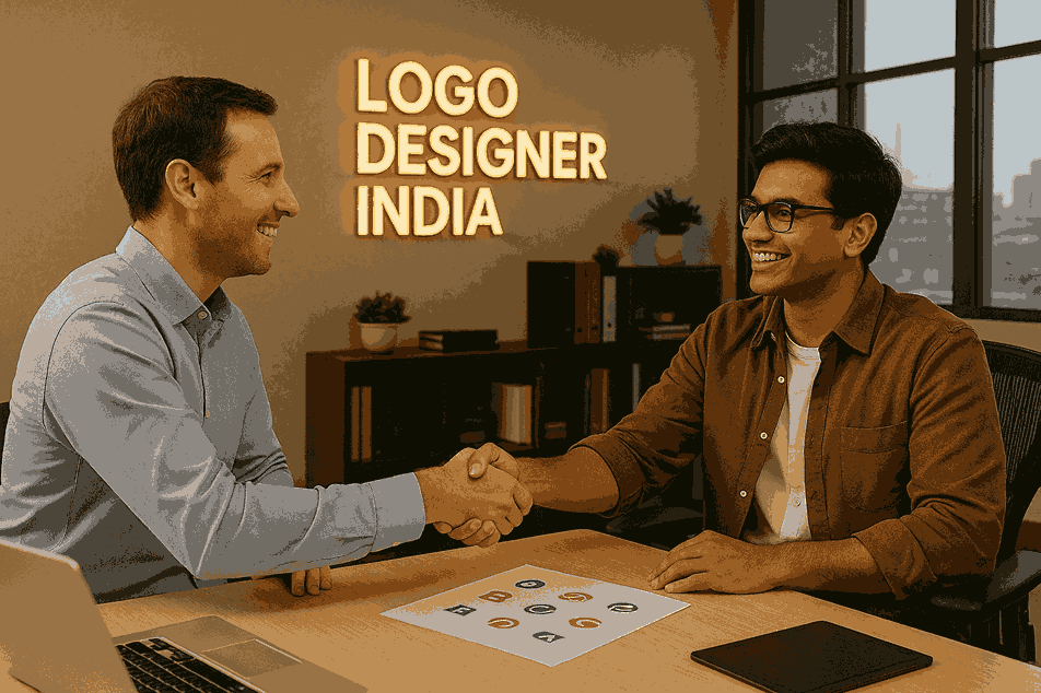 A happy customer shaking hands with a designer inside the LOGO DESIGNER INDIA office, with branding materials on the desk and a modern creative workspace in the background.