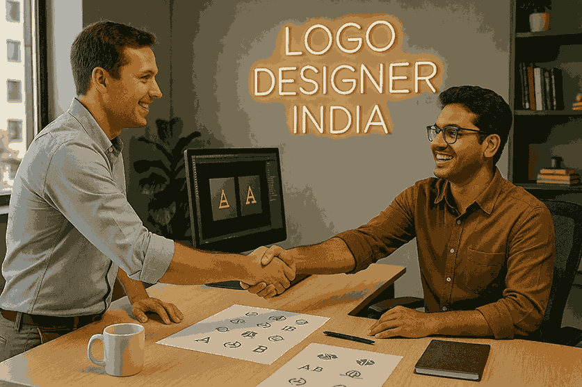 A happy customer shaking hands with a logo designer inside the Logo Designer India office, with logo sketches and a neon sign in the background.