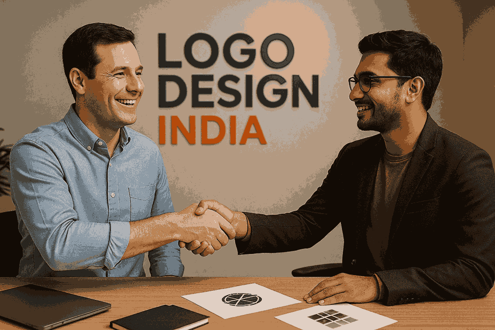 A happy customer shaking hands with a designer inside the “Logo Design India” office with branding signage in the background.