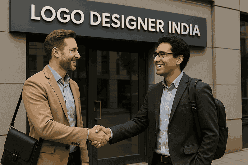 A happy customer shaking hands with a logo designer outside the LOGO DESIGNER INDIA office building.