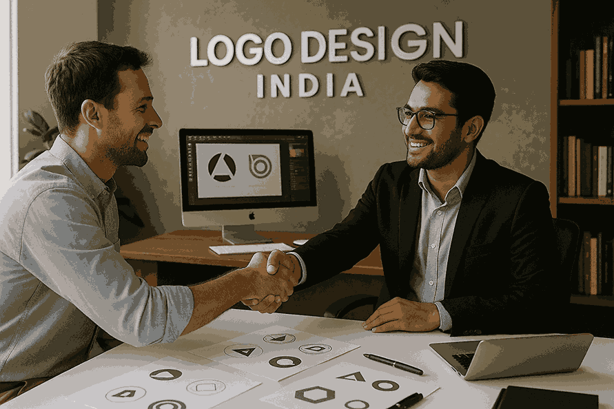 Happy customer shaking hands with a designer inside the Logo Designer India office.