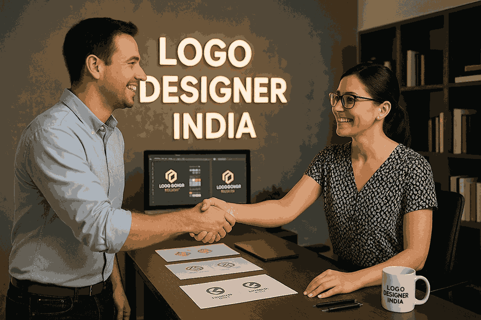A happy customer shaking hands with a designer inside the LOGO DESIGNER INDIA office, celebrating a successful logo design project.