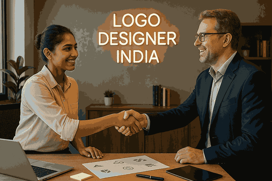 Happy customer shaking hands with a professional Logo Designer in India inside creative design office