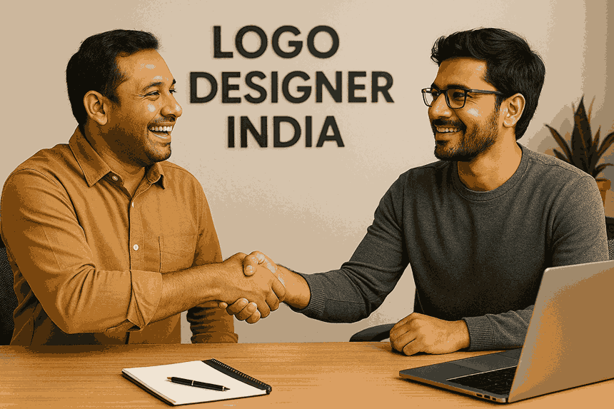 A happy customer shaking hands with a designer inside the Logo Designer India office