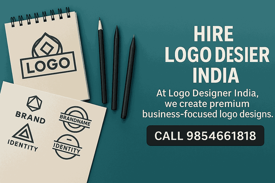 Promotional graphic with logo sketches, branding concepts, teal background, and text saying Hire Logo Designer India with contact number 9854661818.