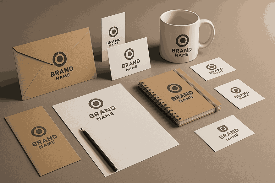"Landscape creative branding display with logo stationery, envelopes, business cards, and a branded coffee mug arranged in a modern studio setup."