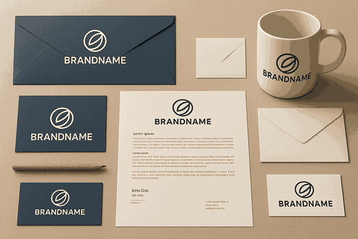 Landscape branding mockup showing logo cards, stationery items, envelopes, and a coffee mug displaying a cohesive brand identity.