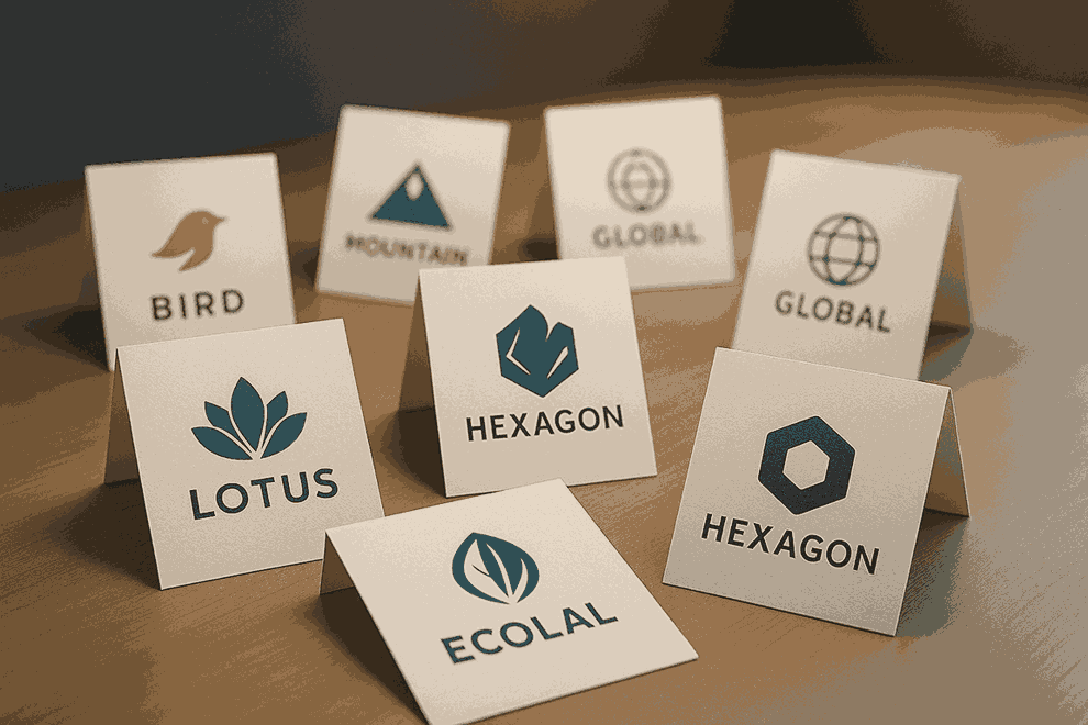 Multiple logo design cards displayed in a landscape mockup on a modern desk with soft lighting and depth.