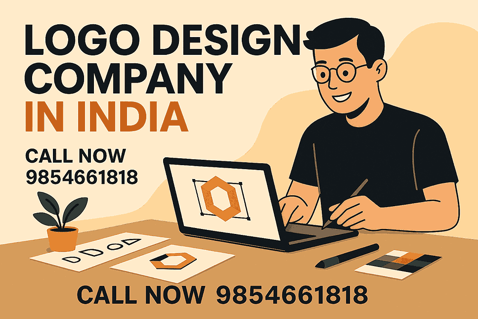 Cover image for Logo Design Company in India showing a designer working on a laptop with text 'Call Now 9854661818' in bold flat illustration style.