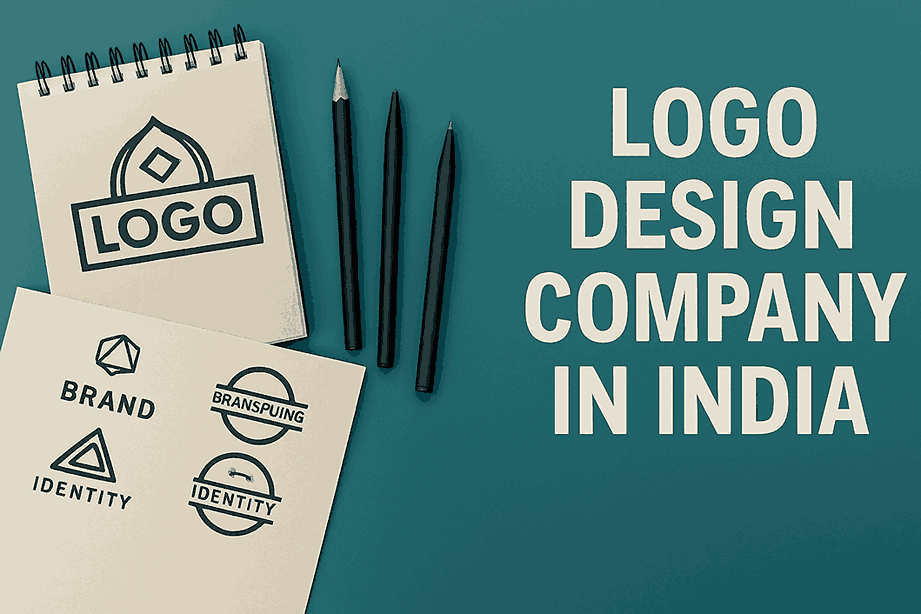 A clean cover image featuring logo design sketches, stationery tools, and the bold text Logo Design Company in India on a teal background.