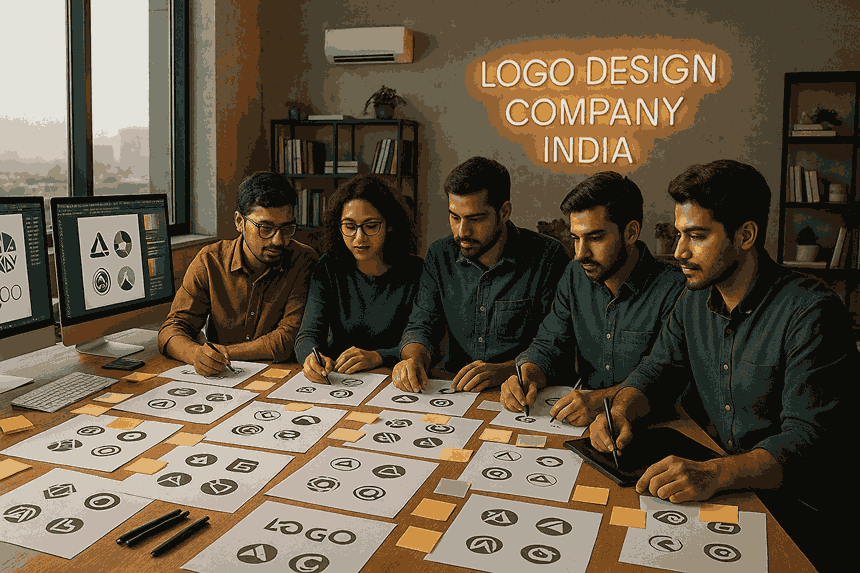 A team of logo designers working together in a modern creative studio, surrounded by logo sketches, computers with design software, sticky notes, and a neon sign reading Logo Design Company India.
