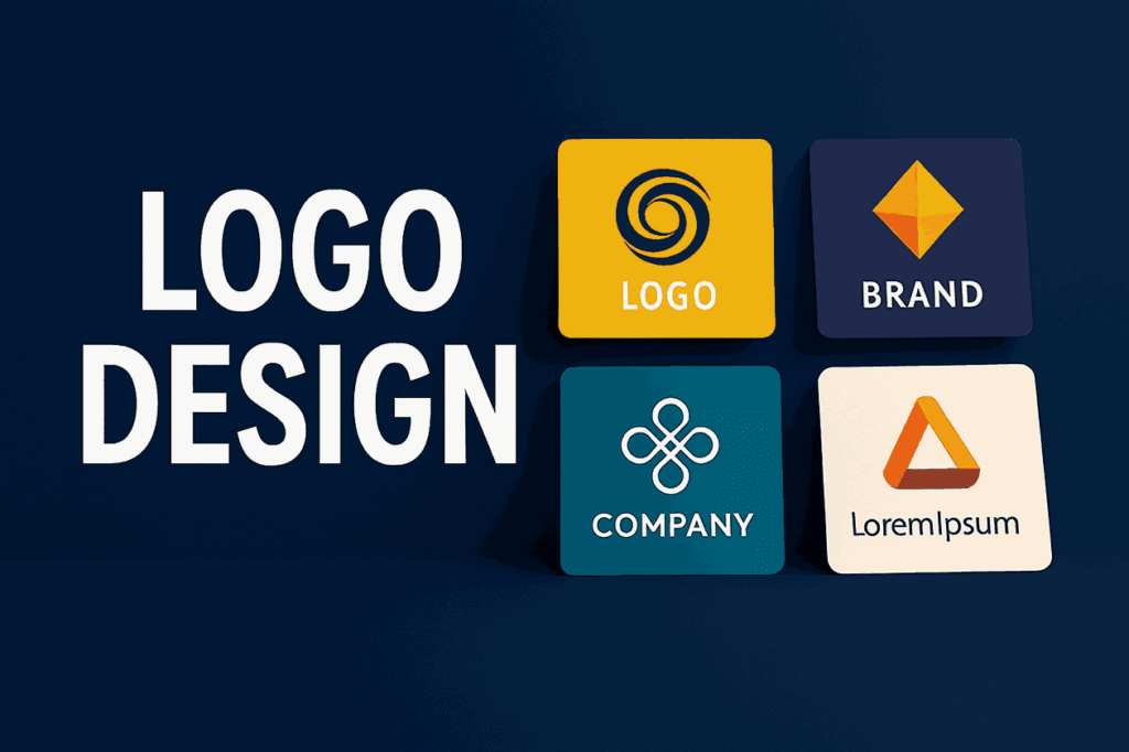 Logo Design cover image featuring bold white text and four colorful logo icons arranged on a dark blue background.