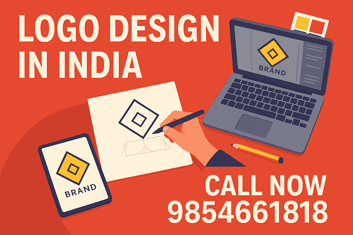 Illustration showing a designer sketching a logo with a laptop and branding elements, featuring the text “Logo Design in India.”