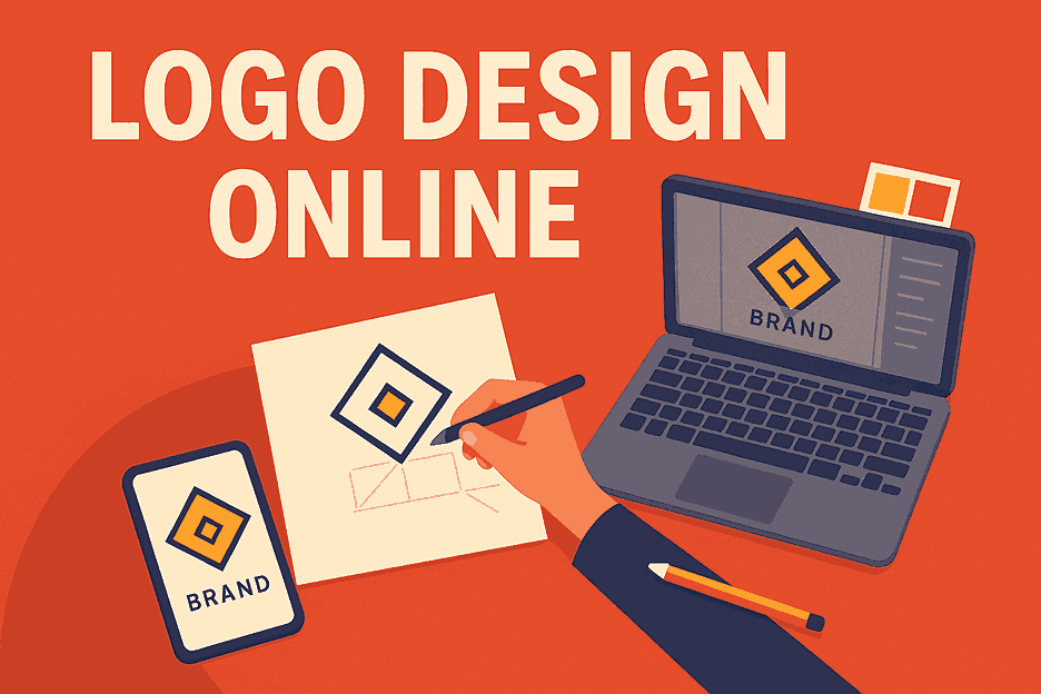 A digital illustration showing a designer sketching a logo with a laptop and smartphone on a bright orange background, featuring the title “Logo Design Online”.
