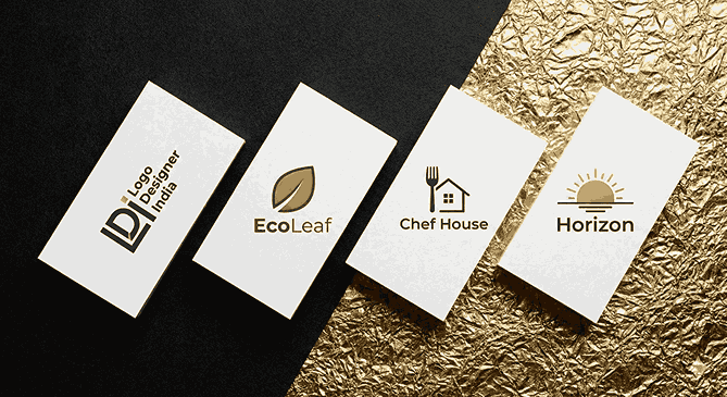 Four business cards displayed on a textured black and gold background, showcasing logo designs for Logo Designer India, EcoLeaf, Chef House, and Horizon.