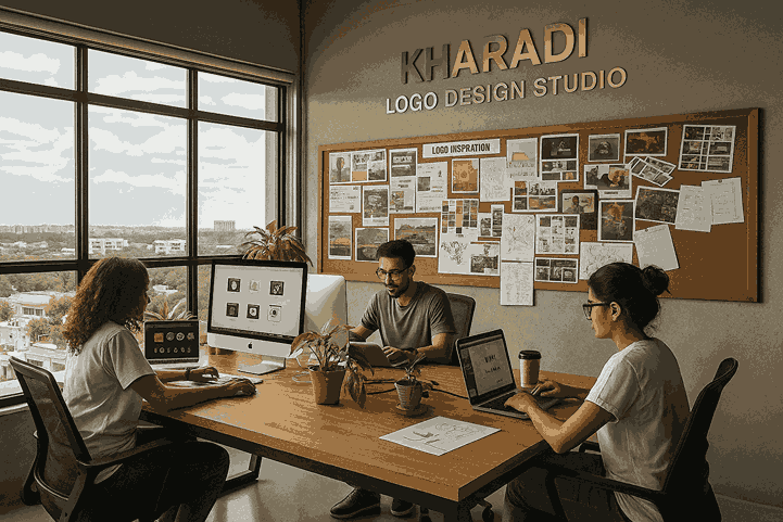 Logo designers collaborating in a Kharadi design studio, working on logo designs with the aid of a large brand mood board for insp