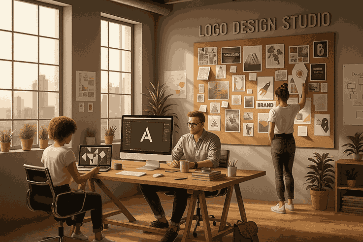 Three designers collaborating in a Logo Design Studio, focused on computers displaying various logo designs and using a large mood board for brand inspiration.