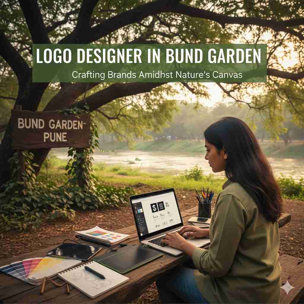 A female logo designer working on her laptop at a rustic wooden table in Pune's scenic Bund Garden, surrounded by lush trees and a river, with the blog post title "LOGO DESIGNER IN BUND GARDEN" superimposed.