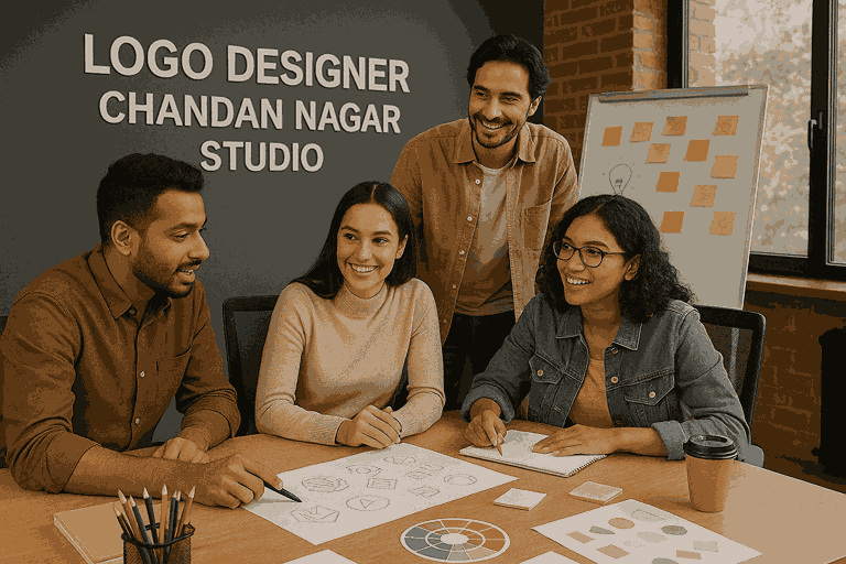 A group of professional logo designers brainstorming creative ideas at Logo Designer Chandan Nagar Studio in Pune, discussing sketches and color palettes.