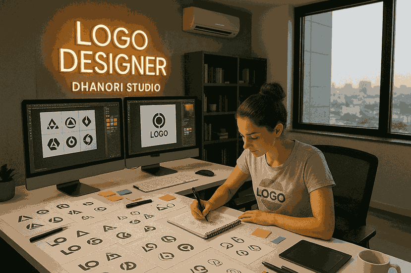 A young female logo designer working at Logo Designer Dhanori Studio, sketching logo concepts on a desk filled with design drafts, monitors, and creative tools in a modern workspace.