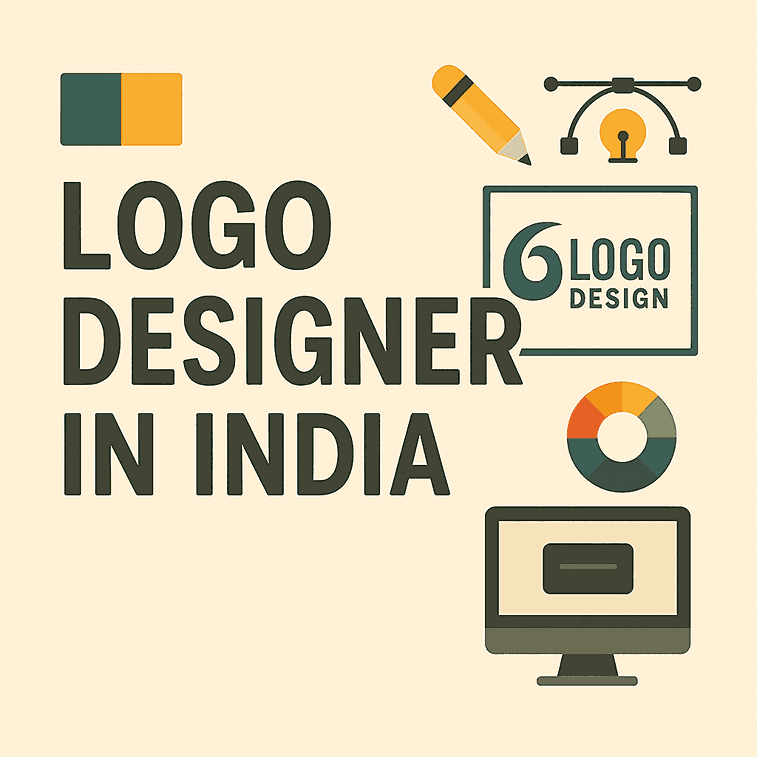 Cover banner showing LOGO DESIGNER IN INDIA with creative logo design icons and branding tools