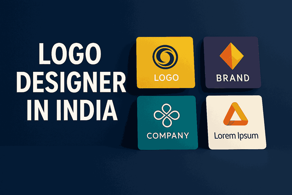 Landscape cover image showing bold text 'Logo Designer in India' beside four colorful logo design cards on a navy-blue background.