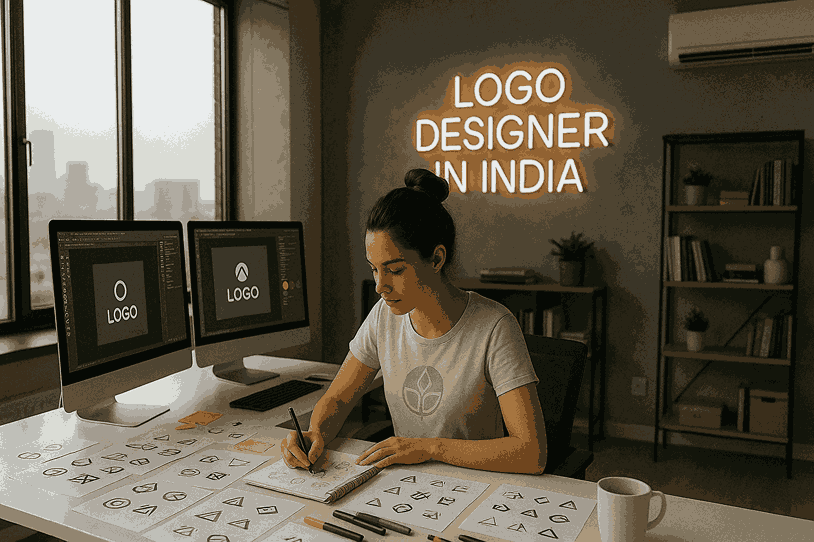 Young female Logo Designer in India sketching logo concepts in a modern creative studio workspace