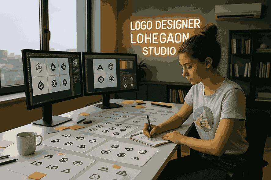 Professional logo designer in Lohegaon sketching creative logo ideas in a modern studio