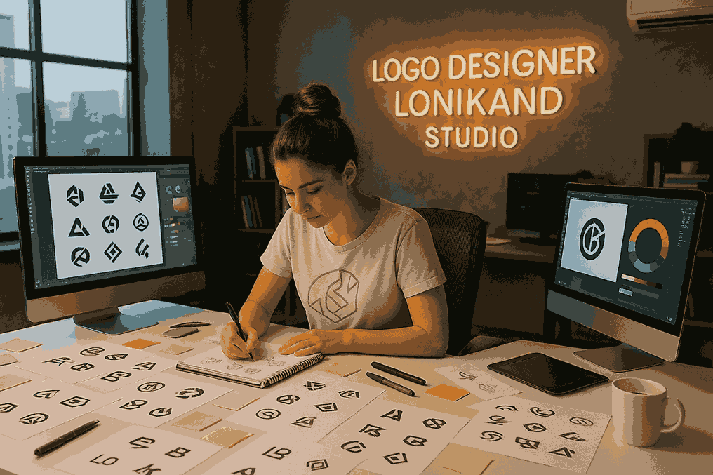 Young female logo designer in Lonikand studio sketching creative logo concepts at a modern white desk