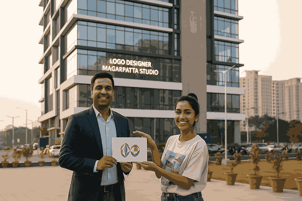 Professional logo designer in Magarpatta studio presenting new brand logo design to client